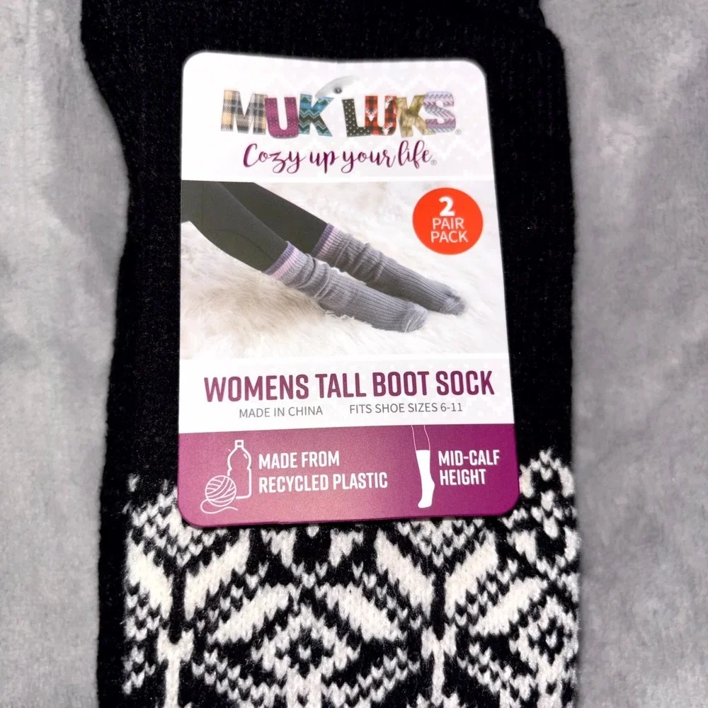 Muk Luks Cozy Up Your Mid Calf Tall Boot Socks Women OS (6-11) Black 2 Pair Pack